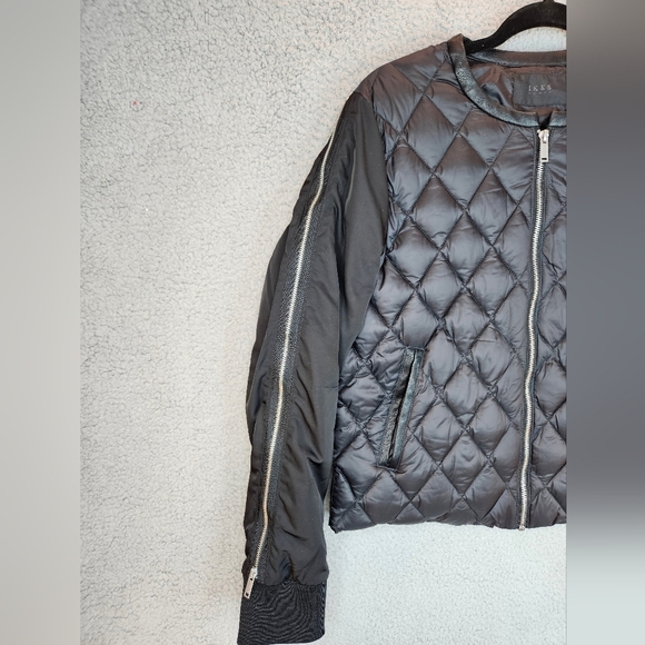 Ikks Women Moto Bomber Cropped Puffer Jacket Sz L Black Quilted Shell Rib Cuff - Picture 2 of 13